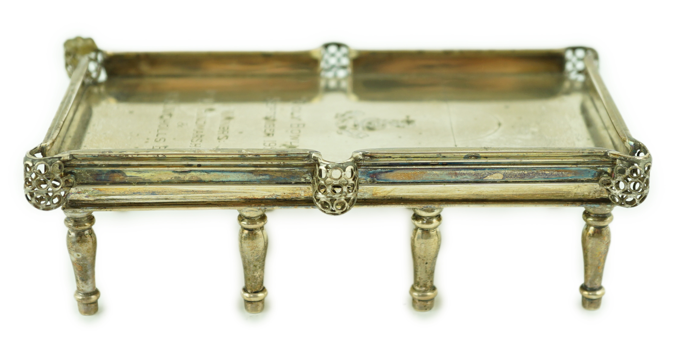 A mid 20th century Indian miniature silver presentation trophy, modelled as a billiards table, by Kli Pada Das, of Bhowanipur, Calcutta